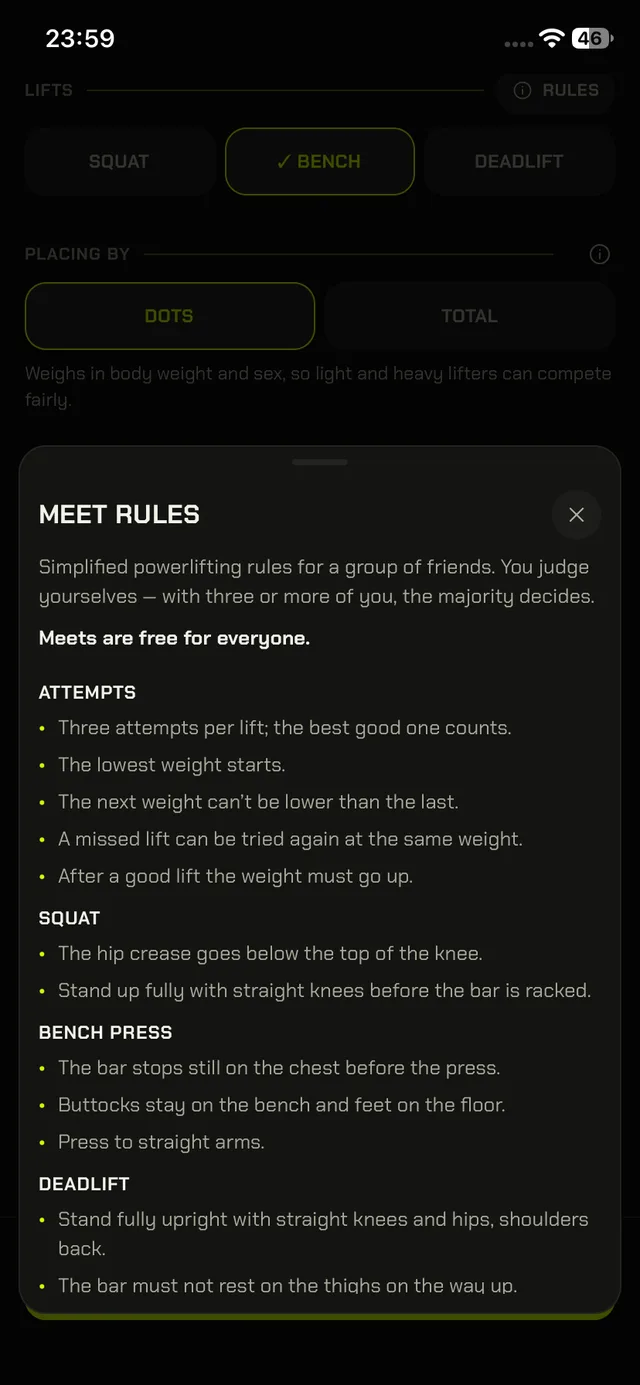 DEADSTOP meet screen, rules: Simplified powerlifting rules, right in the app