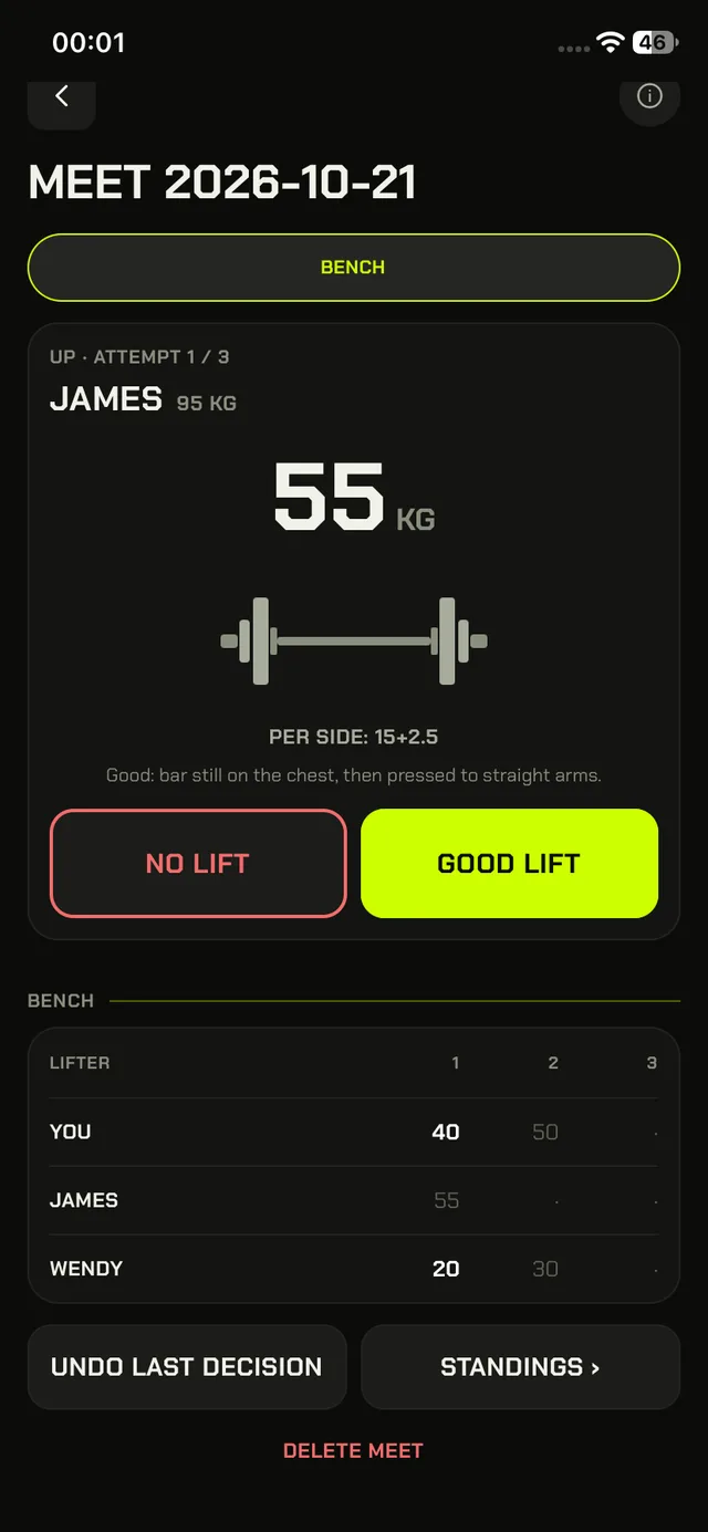 DEADSTOP meet screen, lift: Who’s up, the weight and the plates per side, one tap for good or no lift