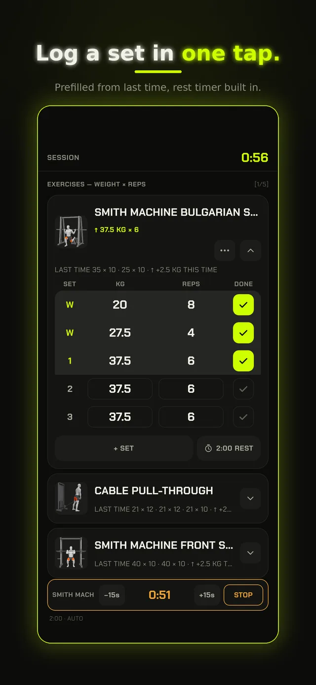 Logging a set: weight and reps prefilled from last time, with the rest timer