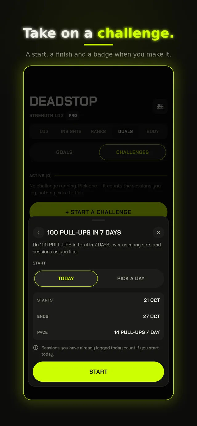 Challenges: 100 pull-ups in 7 days, with start, end and daily pace