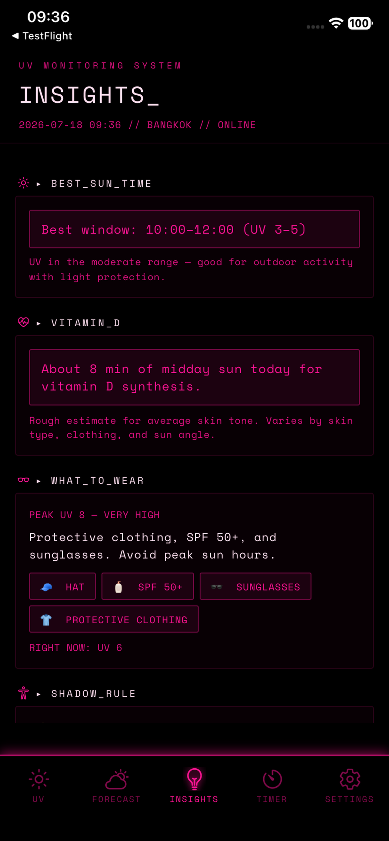 UV Index Insights view in MATRIX theme