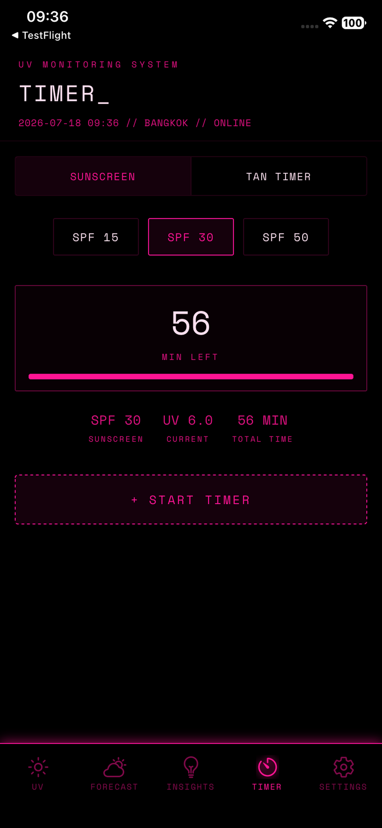 UV Index Timer view in AMBER theme