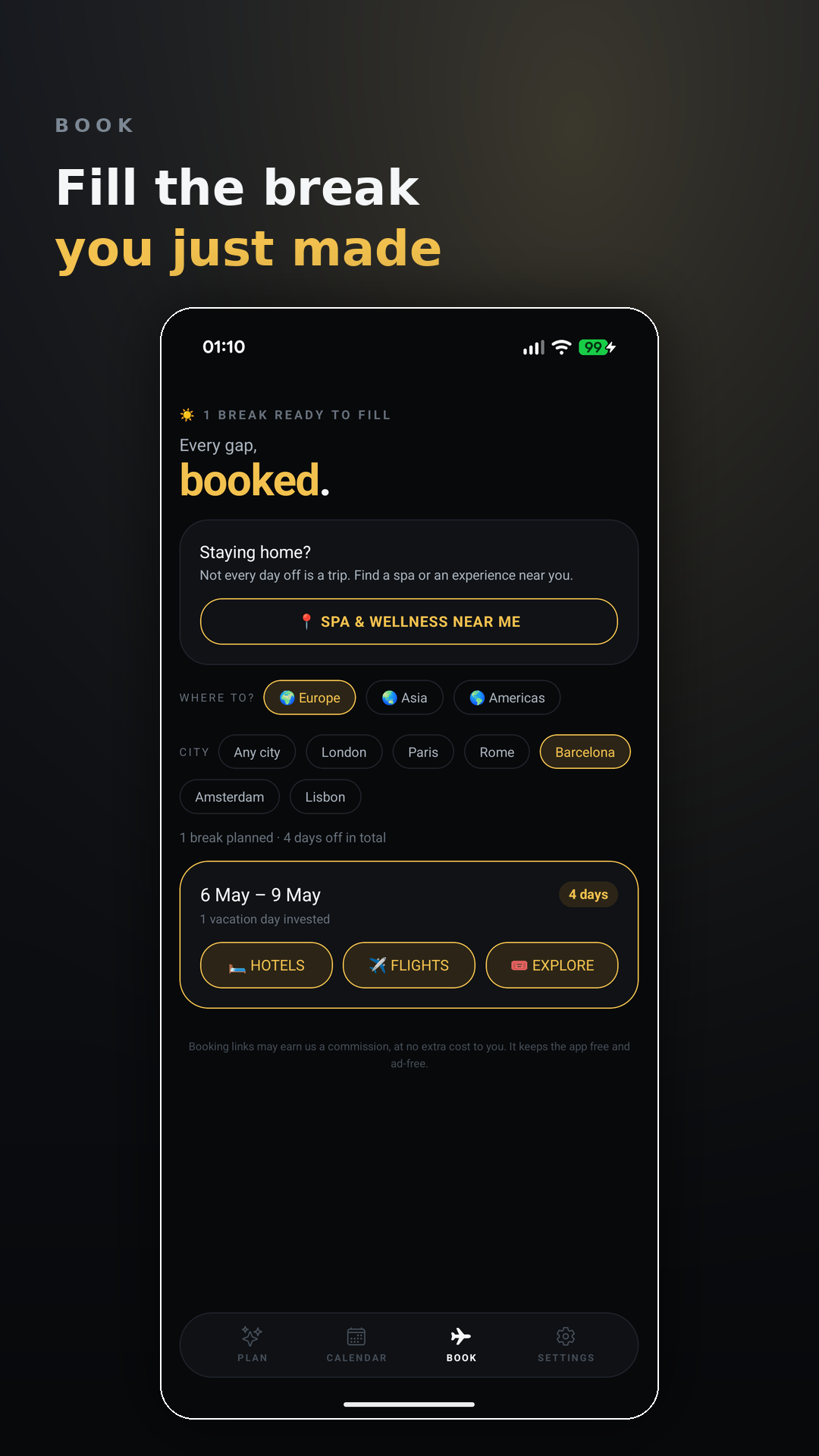 Vacationmaxxing Book a trip screen