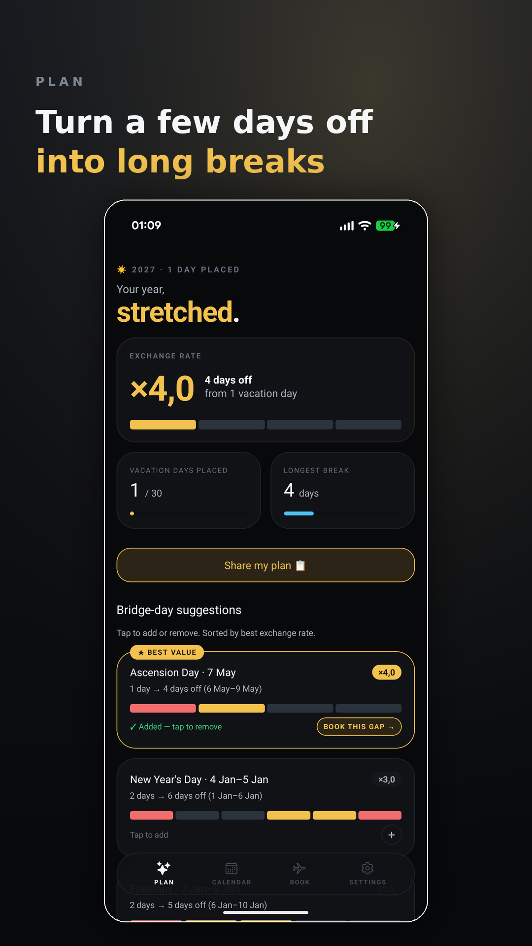 Vacationmaxxing The plan screen