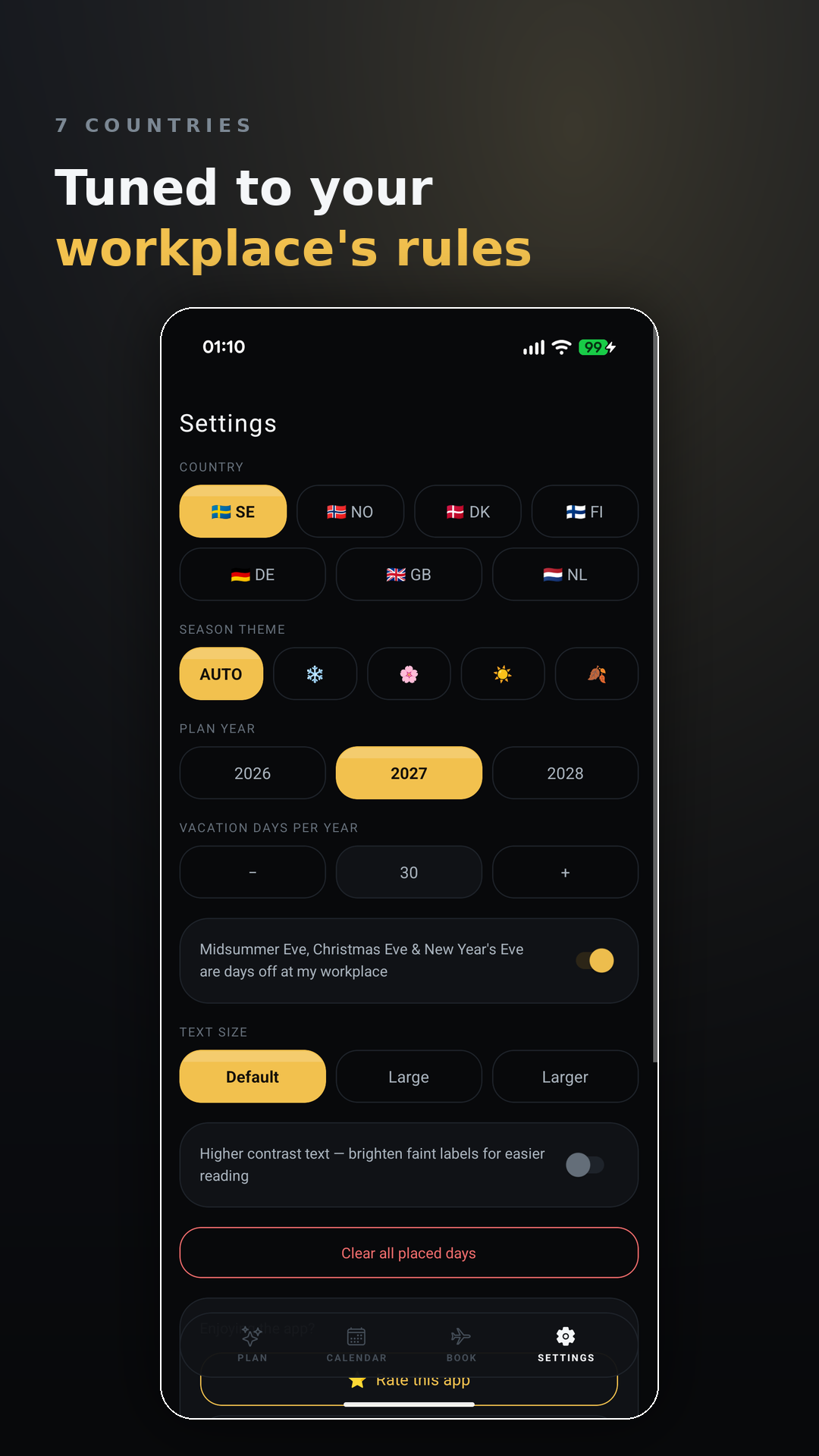 Vacationmaxxing Settings screen